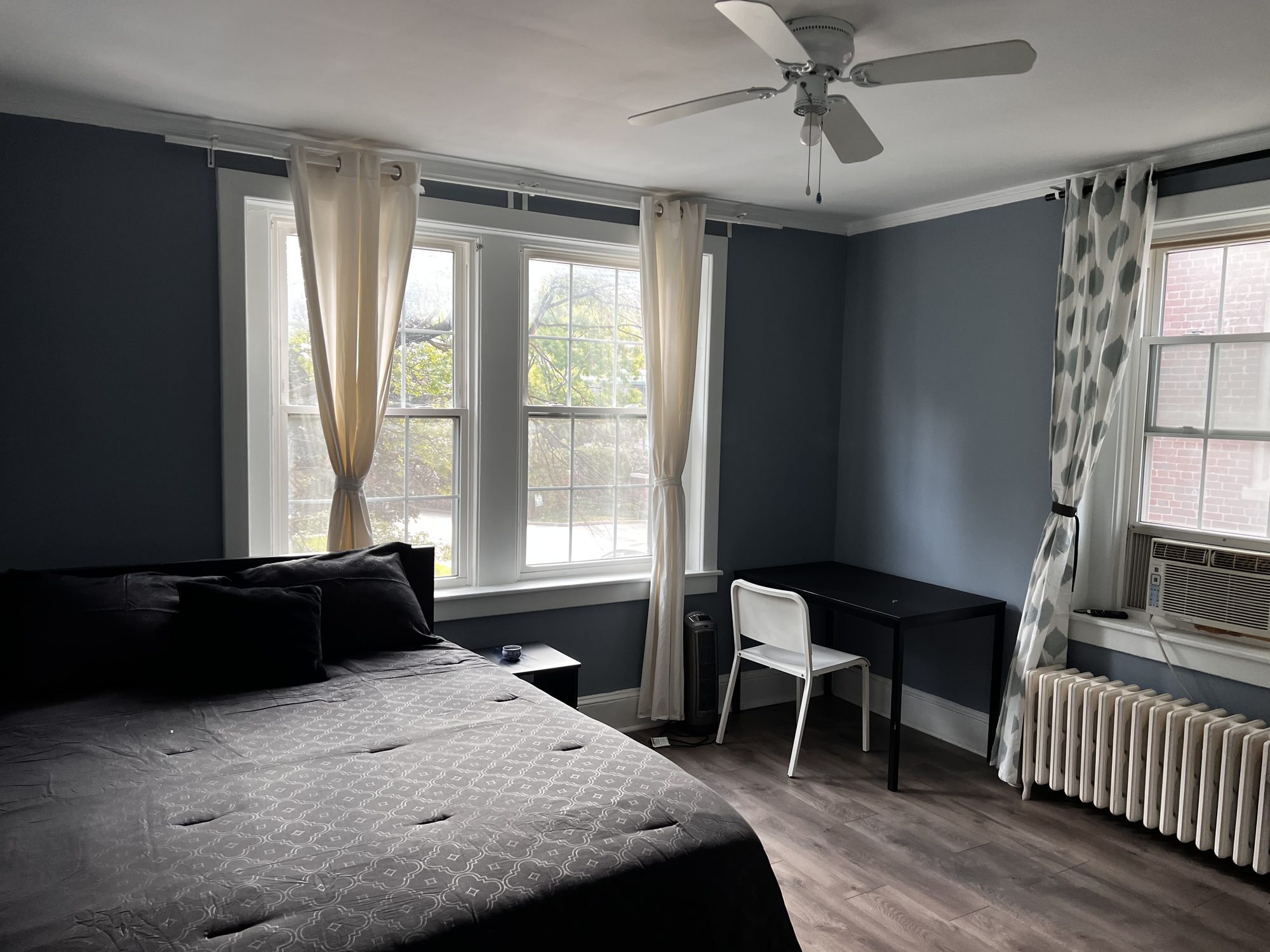 Room 101 at Lincoln D: a bed dressed in charcoal against a slate-blue wall, with a desk and chair under the windows and a radiator below the sill.