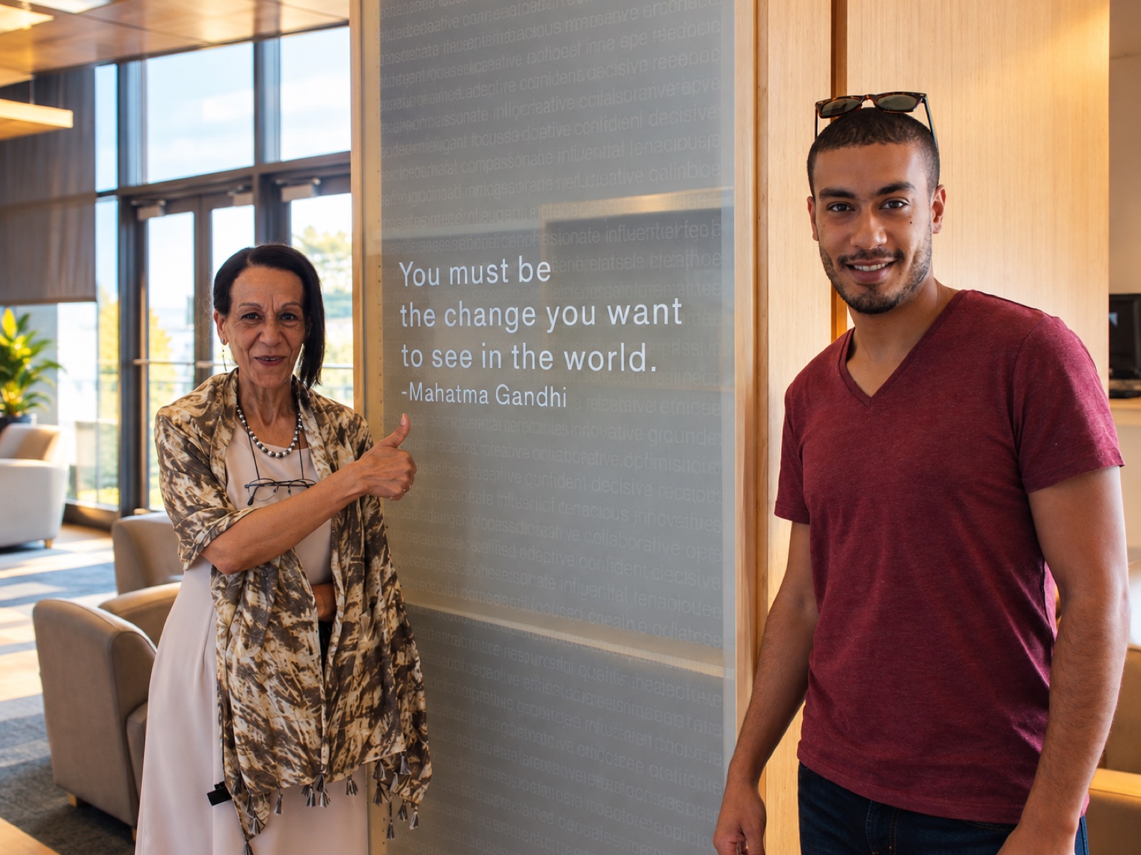 Nassim Azzi with his mother beside the wall at Carey Business School reading: You must be the change you want to see in the world.