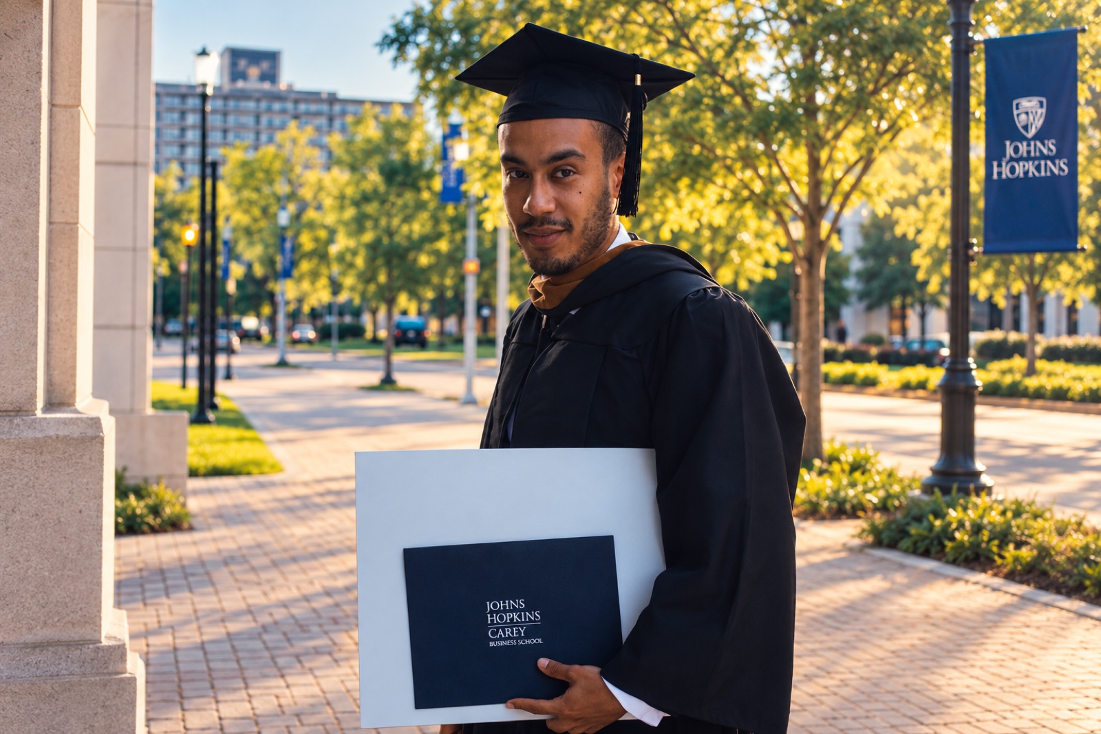 Nassim Azzi in cap and gown holding a Johns Hopkins Carey Business School diploma folder, Baltimore