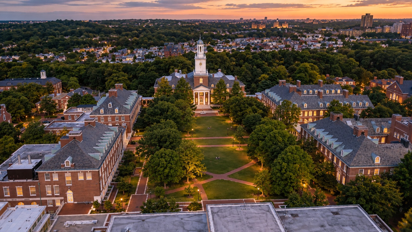 The real Johns Hopkins Homewood campus at dusk, seen from above, with Baltimore's skyline visible in the distance.