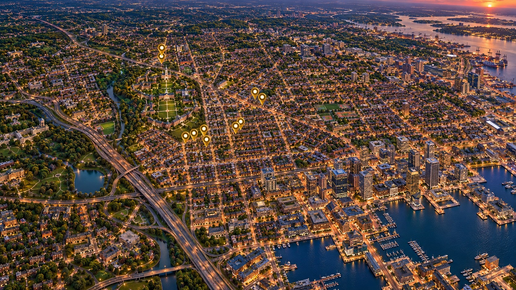 A wide aerial view of Baltimore from the Homewood campus to the Inner Harbor skyline, with the CAMP-US houses marked in gold.