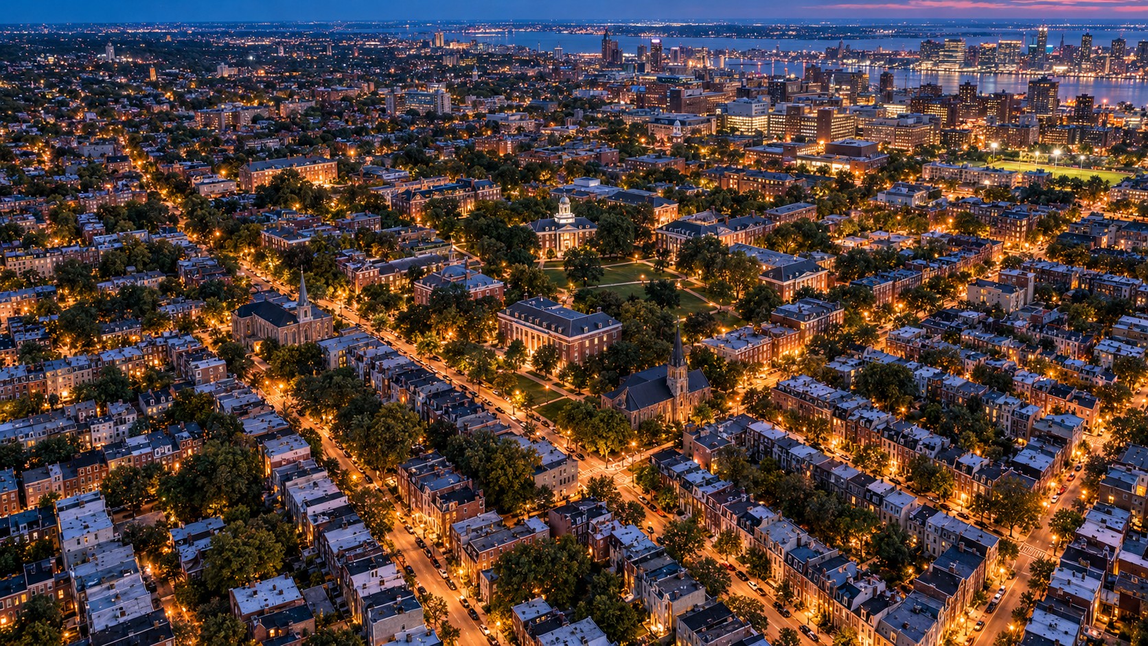 An aerial view of Baltimore at dusk, around the Johns Hopkins Homewood campus, rowhouse blocks radiating out on all sides with the downtown skyline visible in the distance.