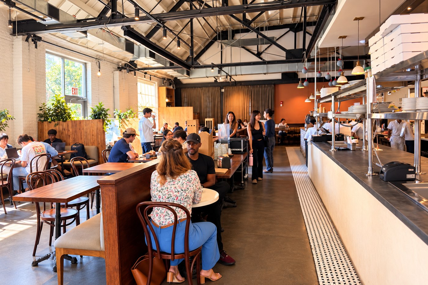 Inside — counter on the right, tables along the window