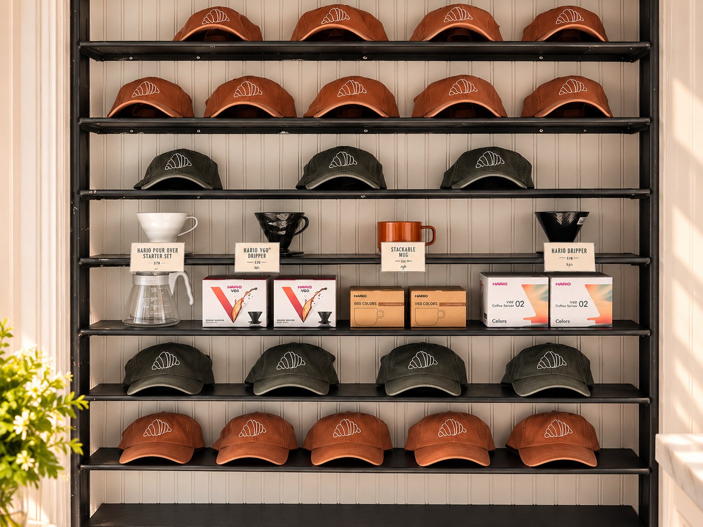 Beans, brewers and caps on the back shelf