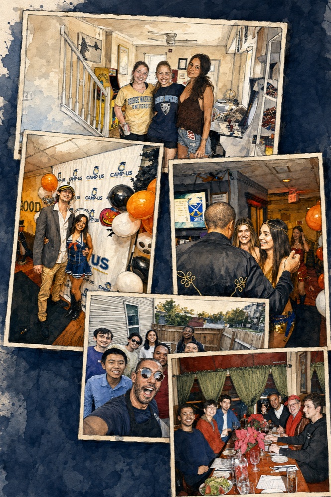 A watercolour collage of photographs from CAMP-US! events — a Thanksgiving table, a Halloween night, a backyard cookout and residents on the stairs of a house — arranged as overlapping prints on a deep blue ground.
