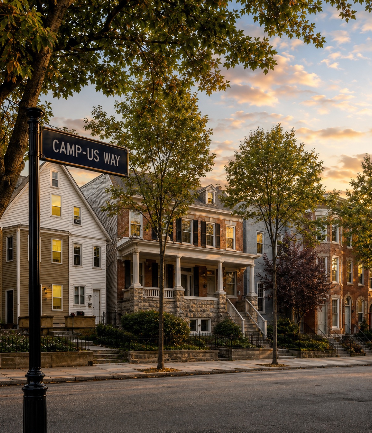 A Baltimore rowhouse block at sunset under a street sign reading CAMP-US WAY.