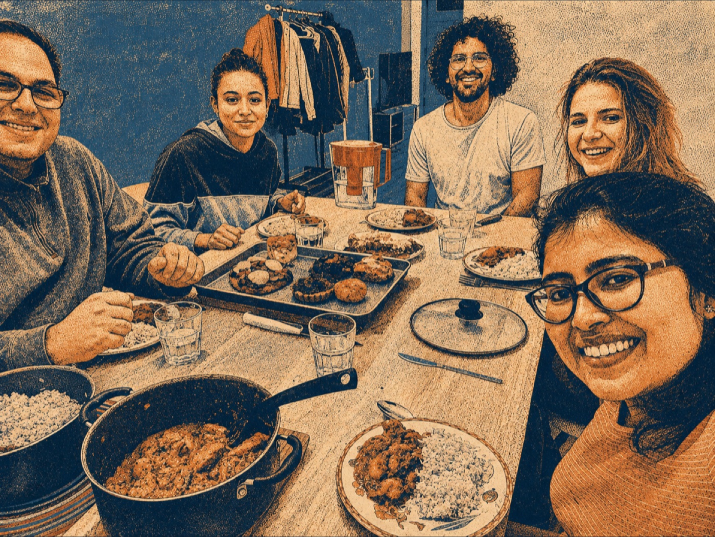 Five students around a kitchen table sharing a meal — rice, a pot of stew and a tray of cookies between them — in a two-colour print treatment.