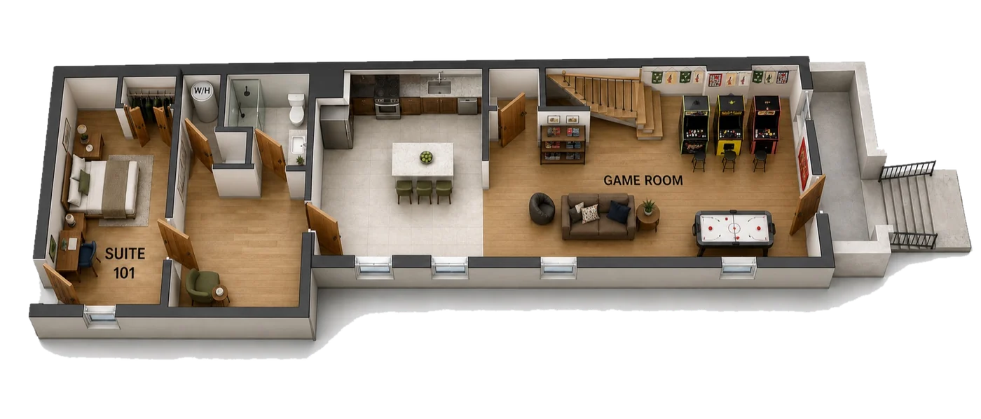 Edo ground floor plan — Suite 101, the kitchen and the game room