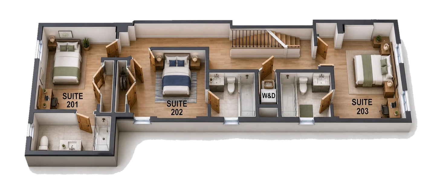 Edo second floor plan — Suites 201, 202 and 203