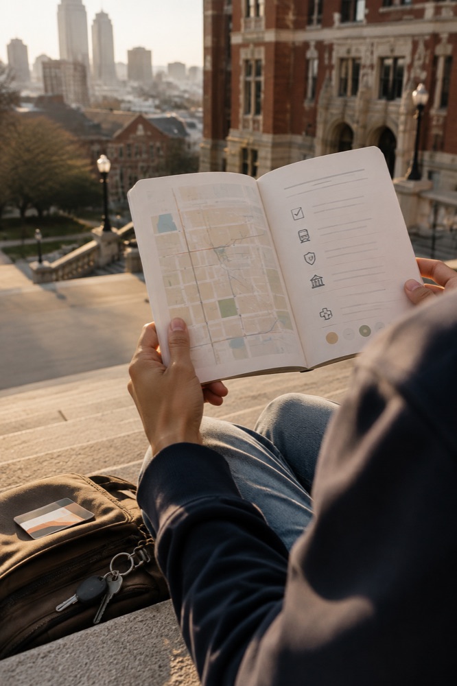 A student sitting on stone steps above the city, holding open a handbook showing a street map of Baltimore beside a checklist, with a backpack and keys on the step alongside.